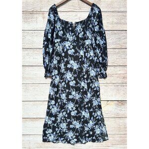 Free People Jaymes Midi Dress Womens Size M Black Blue Floral Smoked Slit Side